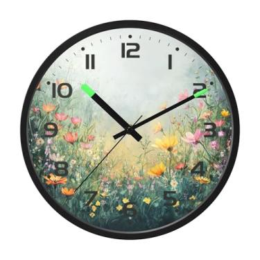 Imagem de SEHANY Herb Wildflower Relógio de parede silencioso sem tique-taque relógio redondo operado por bateria 30 cm controle de som luz noturna relógios de parede para sala de estar, cozinha, quarto