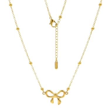 Imagem de CoguZed Colar de laço delicado banhado a ouro 14K para mulheres - Pingente de fita com corrente de contas, joia moderna para presente