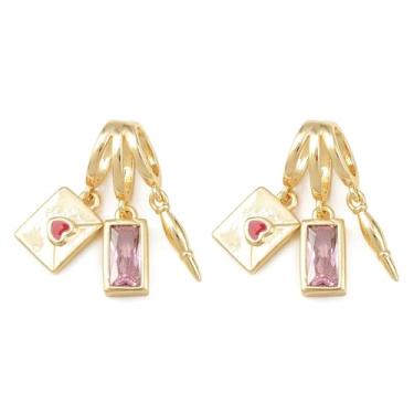 Imagem de Ipotkitt Envelope de zircônia cúbica rosa pavimentada de latão com pingentes retangulares, caneta, carta de amor, pingentes esmaltados para fazer joias, artesanato, pulseira, colar, brincos, chaveiros