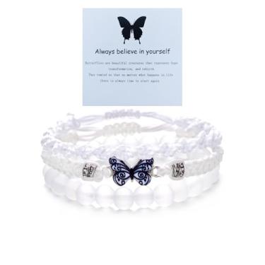 Imagem de Hremhoo Always Believe in Yourself Pulseira de borboleta ajustável de corda trançada para mulheres, 3 peças, conjunto de pulseiras de borboleta empilháveis boêmio, pulseira combinando amizade, Small