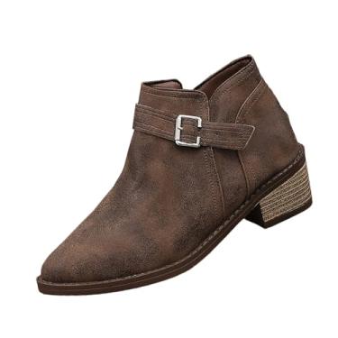 Imagem de Botas femininas modernas, casuais, versáteis, com fivela de cinto pontiaguda, salto grosso, estilo britânico, salto médio, cano curto, para verão, outono, lazer, atividades ao ar livre, Café, 36