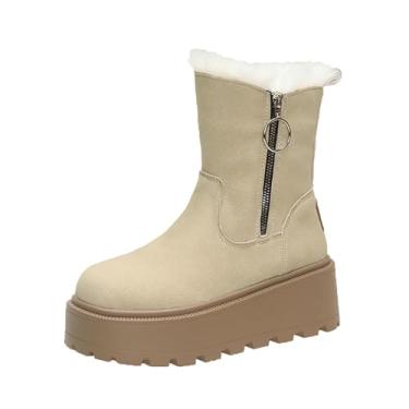 Imagem de Botas femininas modernas casuais de inverno confortáveis bico redondo sola grossa salto grosso moderno e confortável zíper lateral botas curtas quentes, Bege, 36
