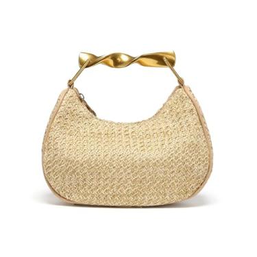 Imagem de Nefokfdus Bolsa de palha para mulheres, bolsa Hobo de tecido boho chique, bolsa artesanal de palha crescente, mini bolsa de praia de verão, Marrom