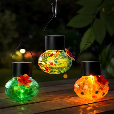 Imagem de Nuogo 3 peças de alimentadores de beija-flor de vidro soprado movido a energia solar de 9,5 cm com luz LED para jardim ao ar livre, decoração de janela pendurada, presentes resistentes a formigas e
