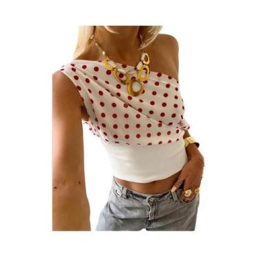 Imagem de Camiseta Feminina De Verão Com Estampa De Poá, Decote Assimétrico, Cos