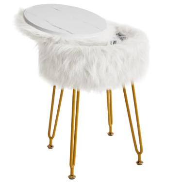 Imagem de IBUYKE Banqueta redonda de pele sintética com armazenamento, cadeira de maquiagem peluda, assento acolchoado macio, apoio para os pés redondo com 4 pernas de metal, para sala de estar e quarto