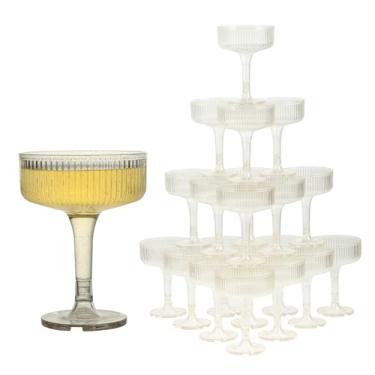 Imagem de Goodluck Torre de champanhe de 4 camadas - 20 peças de taças de champanhe de plástico dourado com glitter, formato de borboleta com listras verticais para casamentos, celebrações, festas e