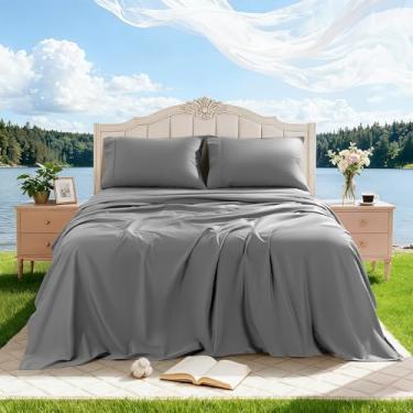 Imagem de REDASW Jogo de lençol 100% algodão egípcio, 4 peças, Queen, 1000 fios, respirável, macio, lençol com elástico com bolso profundo de 41 cm (Queen, cinza)