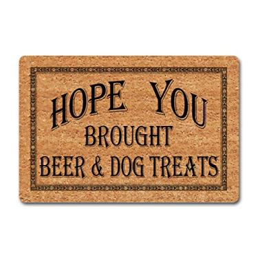 Imagem de Tapetes de porta de boas-vindas engraçados, antiderrapante, tapete de cozinha Hope You Trought Beer And Dog Treats, tapete divertido com citação divertida personalizada monograma, tapetes de banheiro 15,23 cm (L) x 60,16 cm (C)