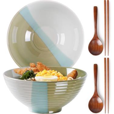 Imagem de NUTRIUPS Conjunto de 2 tigelas de cerâmica para ramen com colheres e pauzinhos, tigelas grandes de sopa de 1,134 g para Udon, Miso, macarrão (Tri-Color Modern)
