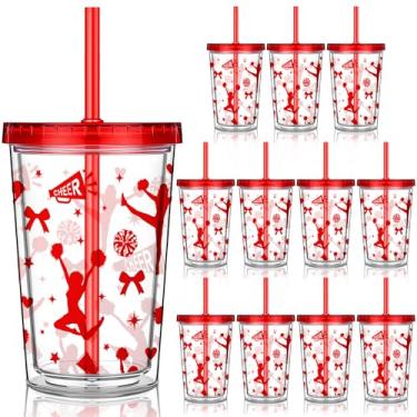 Imagem de Yungyan 12 peças de copos de torcida com tampas e canudos, copo reutilizável de parede dupla isolada de 340 g para presente de líder de torcida da equipe de torcida suprimentos de festa esportiva a
