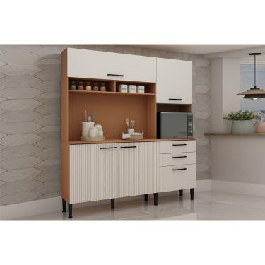 Imagem de Cozinha Compacta Fiori c/ 4 Portas (2 Ripadas) 3 Nichos e 3 Gavetas 180cm Freijo/White Laca - Genialflex