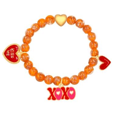 Imagem de Tobestu Pulseira feminina com contas coloridas, design elástico elástico com símbolo rosa de coração de amor, joia fofa e moderna para o dia a dia, Medium, Metal, Sem Pedra Preciosa