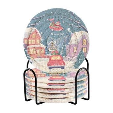 Imagem de Blueangle 6 peças de porta-copos de cidade de Natal para bebidas, porta-copos de tecido redondo super absorvente para mesa de café, proteção de mesa para decoração de casa (393)