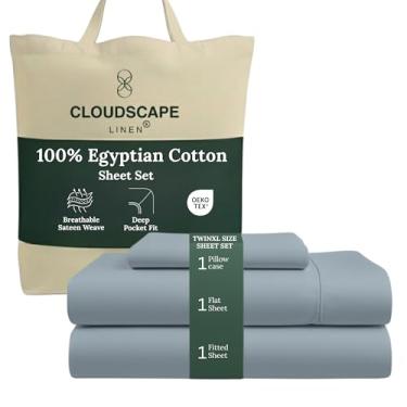 Imagem de Conjunto de lençóis de algodão egípcio de camada dupla Cloud Scape Linen Twin XL – Tecido de cetim de fibra longa, conjunto de cama essencial de 3 peças de qualidade de hotel macio, bolsos profundos