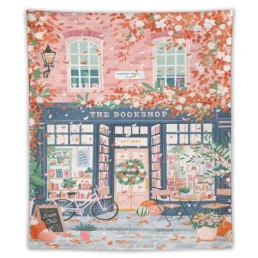 Imagem de Tapeçaria de fachada de livraria de primavera, tapeçaria de parede floral rosa de tinta a óleo, decoração sazonal aconchegante para sala de estar, quarto, decoração de arte de natureza quente 127 x