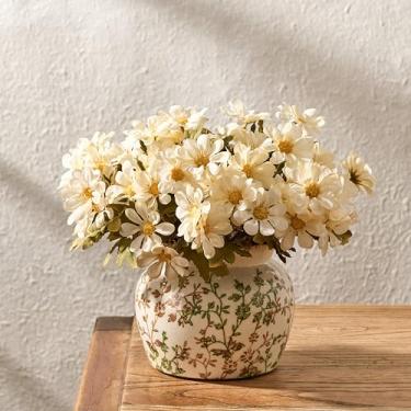 Imagem de SIDUCAL Vaso de cerâmica verde e bege com renda de boca larga, vasos rústicos chinoiserie rachados de 12 cm, vaso retrô pastoral para decoração de casa, mesa, sala de estar, banheiro, prateleira