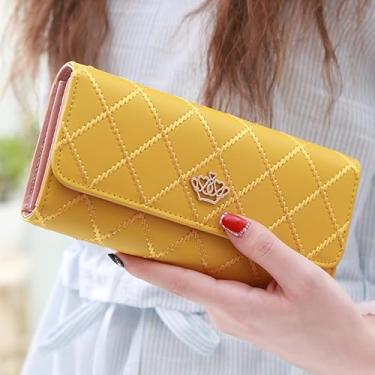 Imagem de Carteira feminina de três dobras de grande capacidade com fecho de zíper - Mini bolsa de couro de couro, casual/carteira profissional para dinheiro, cartões, Amarelo, Minimalista