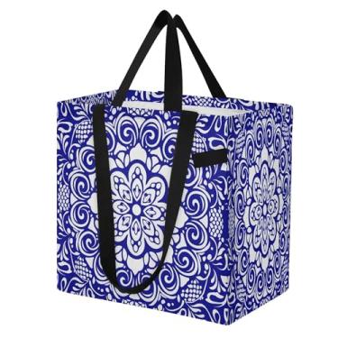 Imagem de SEHANY Sacolas de compras reutilizáveis de porcelana azul e branca com alças reforçadas, bolsa de compras de lona dobrável à prova d'água de grande capacidade para viagem, cozinha, praia