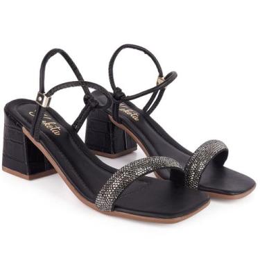 Imagem de Sandália Feminina Com Salto Bloco Médio e Tira Grossa Com Strass Elega