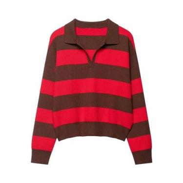 Imagem de Suéter Vintage Listrado De Malha Para Mulheres, Gola Polo, Manga Longa