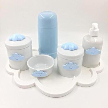 Imagem de Kit Higiene Bebê Porcelana Tema Nuvem Bandeja Mdf Garrafa Azul 6pçs - 