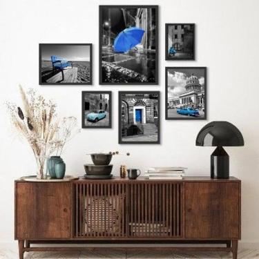 Imagem de Kit 6 Quadros Fotos Azuis - Medidas Variadas - Madeira Preta