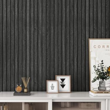 Imagem de Decotalk Papel de parede de ripa de madeira de 76,2 x 304,8 cm, papel de parede de ripa de madeira preta, papel de parede de ripas de madeira preta, papel de parede removível de ripas de madeira 3D,