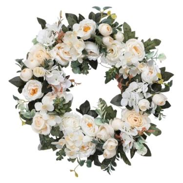 Imagem de CarpNettore Guirlanda de Flores Artificiais Redondas de Peônias Rosa, Feita de Seda E Polipropileno (PP), Ideal para Decoração de Parede, Porta de Entrada, Sala D, Branco