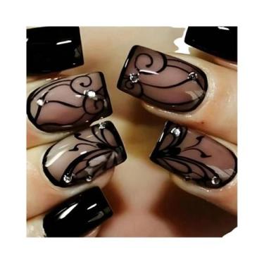 Imagem de Unhas Postiças Pretas Foscas Em Formato Caixão 24 Peças Tamanho Médio 