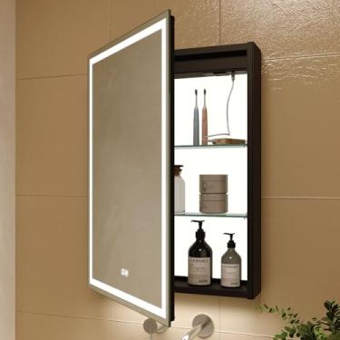 Imagem de KWW Armário de remédios para banheiro iluminado por LED com painel retroiluminado, soquetes e USBs. Antiembaçamento, regulável, espelho de maquiagem com luz de 3 cores, fácil de instalar, montado na