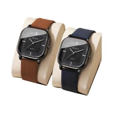 Imagem de Relógio De Pulso Masculino De Moda Com Pulseira De Couro, 2 Peças/Conj