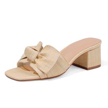Imagem de Erocalli Sandálias de salto para mulheres, sandálias de ráfia, salto grosso, bico quadrado, verão, sem cadarço, sandália elegante, salto baixo e laço, 1 damasco, 37