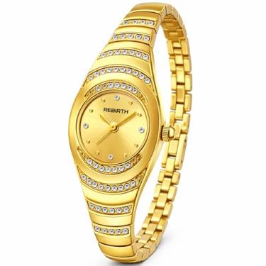 Imagem de REGINALD Relógio feminino com pulseira dourada – caixa oval elegante, detalhes em cristal, relógio analógico simples de quartzo feminino, Dourado