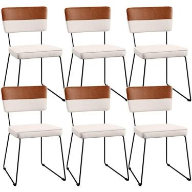 Imagem de Kit 06 Cadeiras Faixa Couríssimo Camel Linho Cru