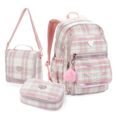Imagem de Kit Mochila Escolar com Estojo Box e Lancheira Térmica Listrado Rosa C