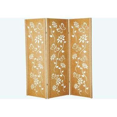 Imagem de Biombo 3 Folha Floral Ripado Divisor Madeira Mdf Cru Painel Divisória 