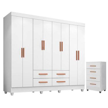 Imagem de Guarda Roupa Casal Porto com Cômoda Lite 4 Gavetas Branco Brilho - Móveis Leão