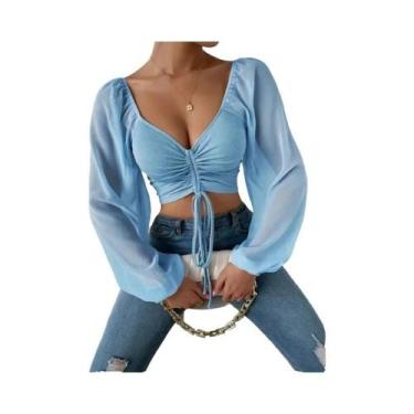 Imagem de Blusa Feminina Cropped De Malha Canelada Com Decote Plung, Manga Trans