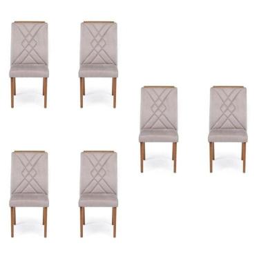 Imagem de Kit 6 Cadeiras para Sala de Jantar com Pés em Madeira Maciça Megan Natural/Cinza