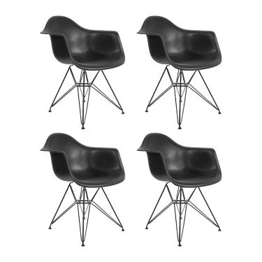 Imagem de Kit 4 Poltronas Daw Eames Eiffel Com Braço Assento Polipropileno Preto Casa Prime
