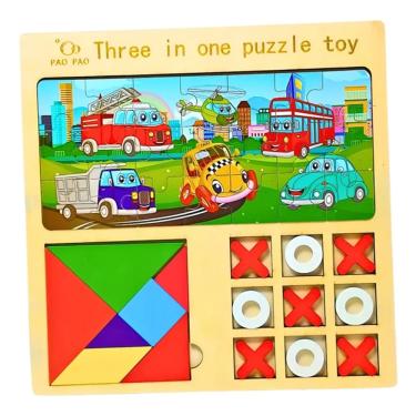 Imagem de Tabuleiro Educativo 3 em 1 Tangram Jogo da Velha Quebra Cabeça Infantil Jogo Didático