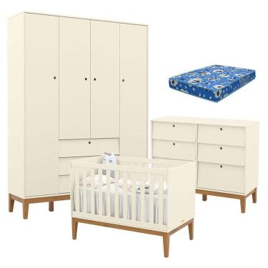 Imagem de Quarto de Bebê Unique com Guarda-Roupa 4 Portas Cômoda 6 Gavetas MDF 154 cm Off White M...