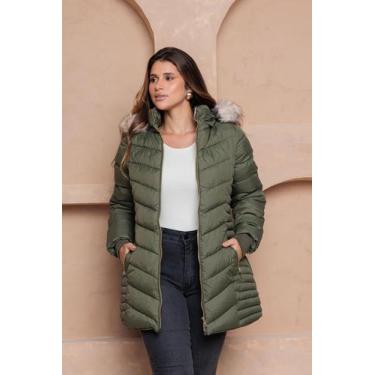 Imagem de Jaqueta Alongada Feminina Puffer com Capuz Peluciado COR:VERDE MILITAR