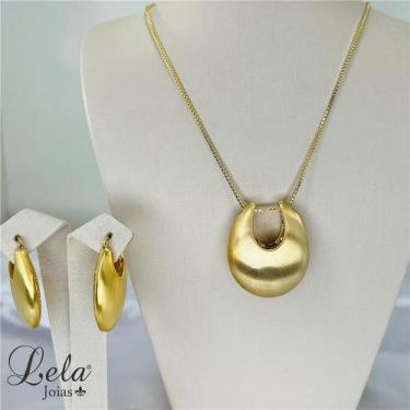 Imagem de Conjunto brinco e colar corrente veneziana escovado folheado a ouro - 