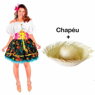 Imagem de Vestido Caipira Feminino Adulto Festa Junina de Luxo + Chapéu - Fantas