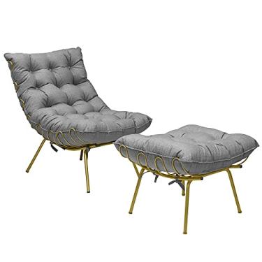 Imagem de Conjunto Decorativo Poltrona e Puff Abel Base de Ferro Dourada Linho Cinza - Gran Belo