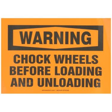 Imagem de Accuform MTKC302VS Placa de Segurança de Vinil Adesivo, Legend"Warning Chock Wheels Before Load and Unload", 18 cm de comprimento x 25 cm de largura x 0 cm de espessura, preto sobre laranja