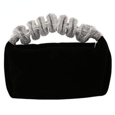 Imagem de Bolsa de veludo feminina com alça de strass bolsa clutch para noite banquete, Preto, M