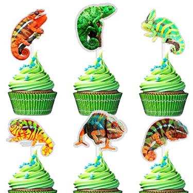 Imagem de 18 peças conjunto de topos de cupcake de sobremesa camaleão tema animal de estimação chá de bebê meninos meninas decorações de festa de feliz aniversário
